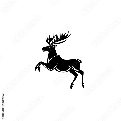 Silhouette of a Leaping Moose, Black silhouette of a leaping moose with large antlers on a white background, representing strength, wilderness, and elegance.

