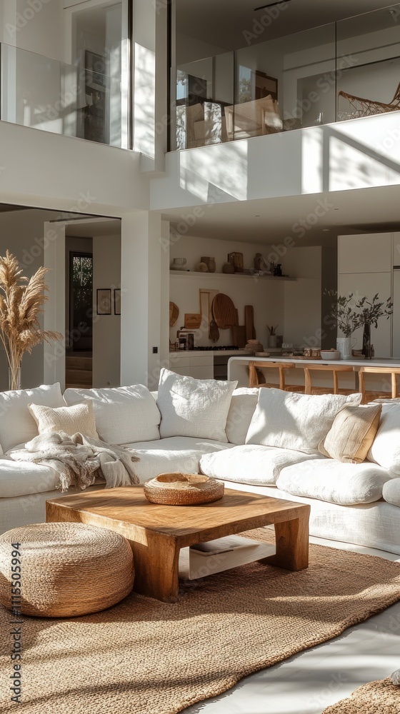 Fototapeta premium Sunlit Modern Living Room With Neutral Decor And Comfortable Seating