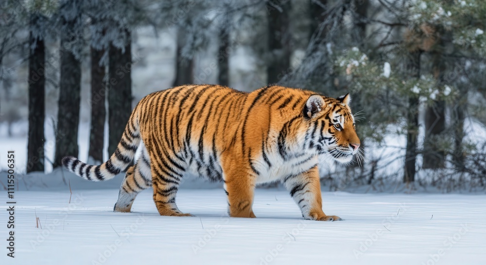 Obraz premium Majestic tiger in snowy forest habitat showcasing wildlife and natural beauty