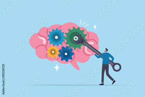 Brain intelligence, fix or adjust creativity thinking, wisdom or improve knowledge learning, tune attitude level or idea development concept, man using wrench adjust gear cogwheels in human brain.