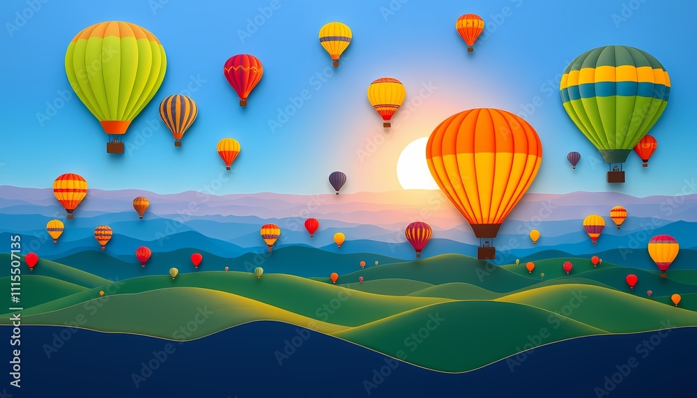 Obraz premium Paper art style illustration of hot air balloons flying over scenic landscape at sunset.