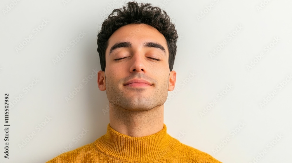 Obraz premium Close up Portrait of a Young Male Model With Tranquil Peaceful Expression Isolated on White Studio Background