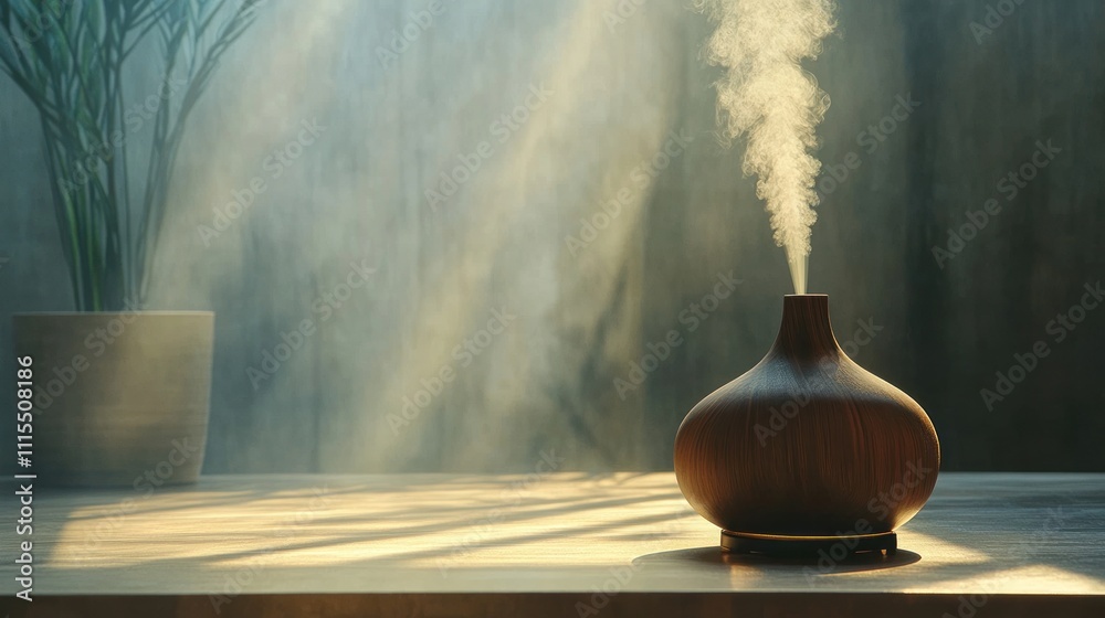 A serene scene featuring a wooden diffuser emitting steam in a softly lit environment. A serene scene featuring a wooden diffuser emitting steam in a softly lit environment.