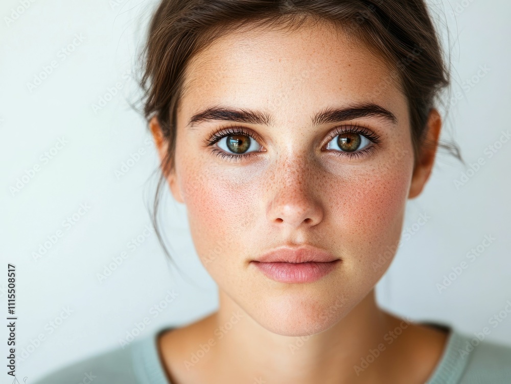 Naklejka premium Intense Emotional Gaze of a Young Woman Conveying Hope and Determination Portrait of a Confident and Determined Female Figure Against a White Backdrop