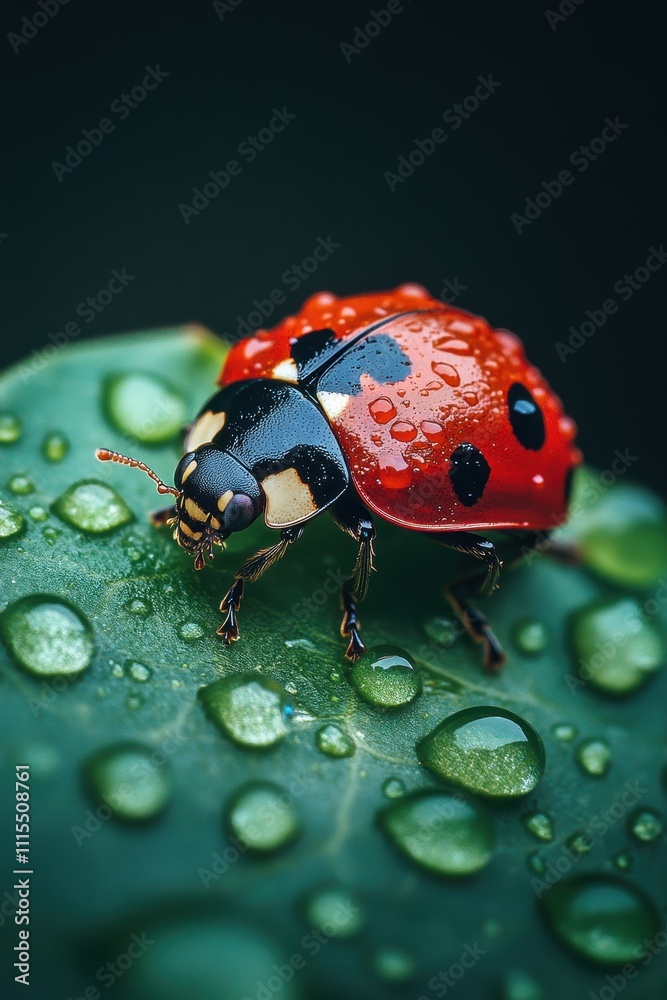 Fototapeta premium Magnificent Ladybug on Dewy Foliage