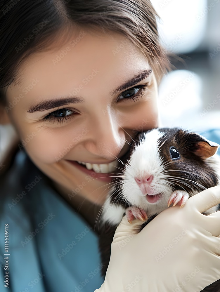 A smiling woman holds a guinea pig, showcasing a bond between pets and their owners. A smiling woman holds a guinea pig, showcasing a bond between pets and their owners.