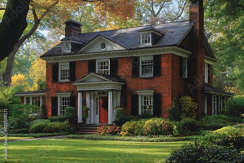 A brick three-story home in a secluded wooded location on a dark and dreary winter day.
 photo