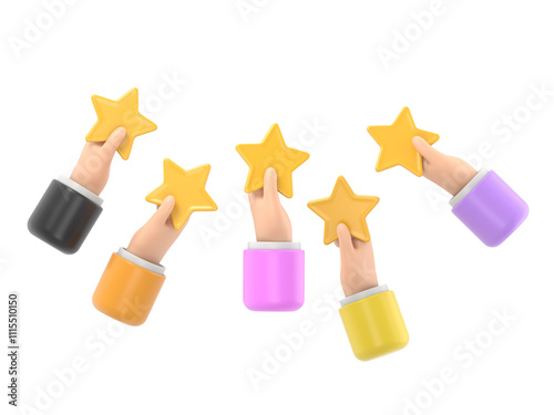 3D illustration of Hand giving five star rating. Customers choose a satisfaction rating and leave positive feedback. Concept of customer service and user experience.Supports PNG files