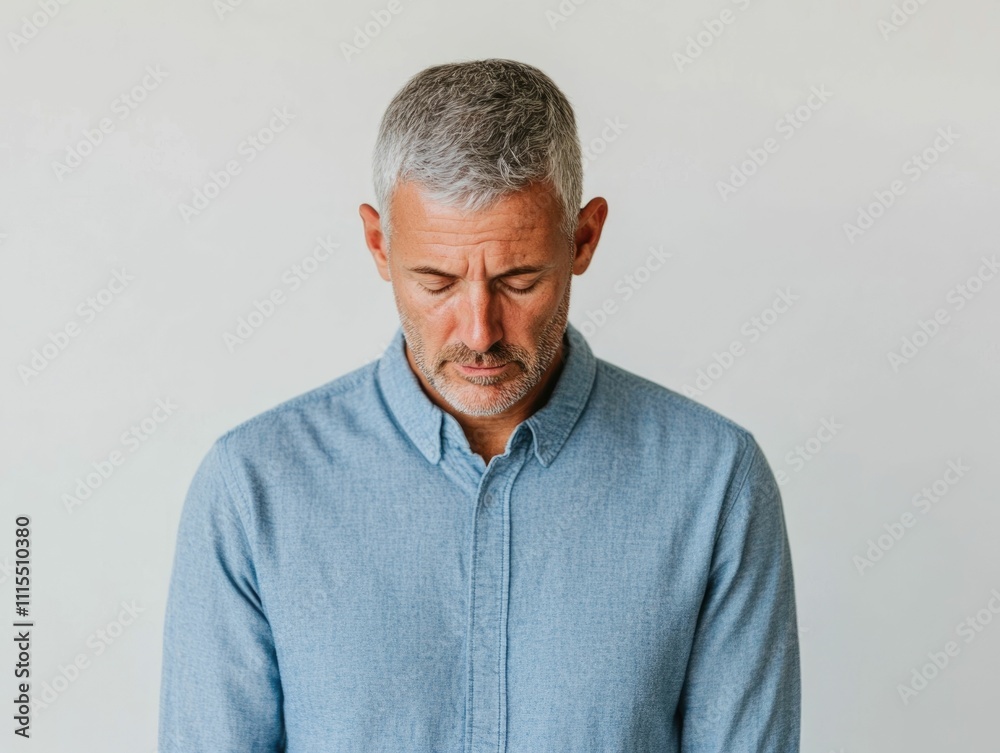 A middle aged man with a deeply vulnerable and pensive expression his head slightly bowed isolated against a clean white background evoking a sense of introspection solitude A middle aged man with a deeply vulnerable and pensive expression his head slightly bowed isolated against a clean white background evoking a sense of introspection solitude
