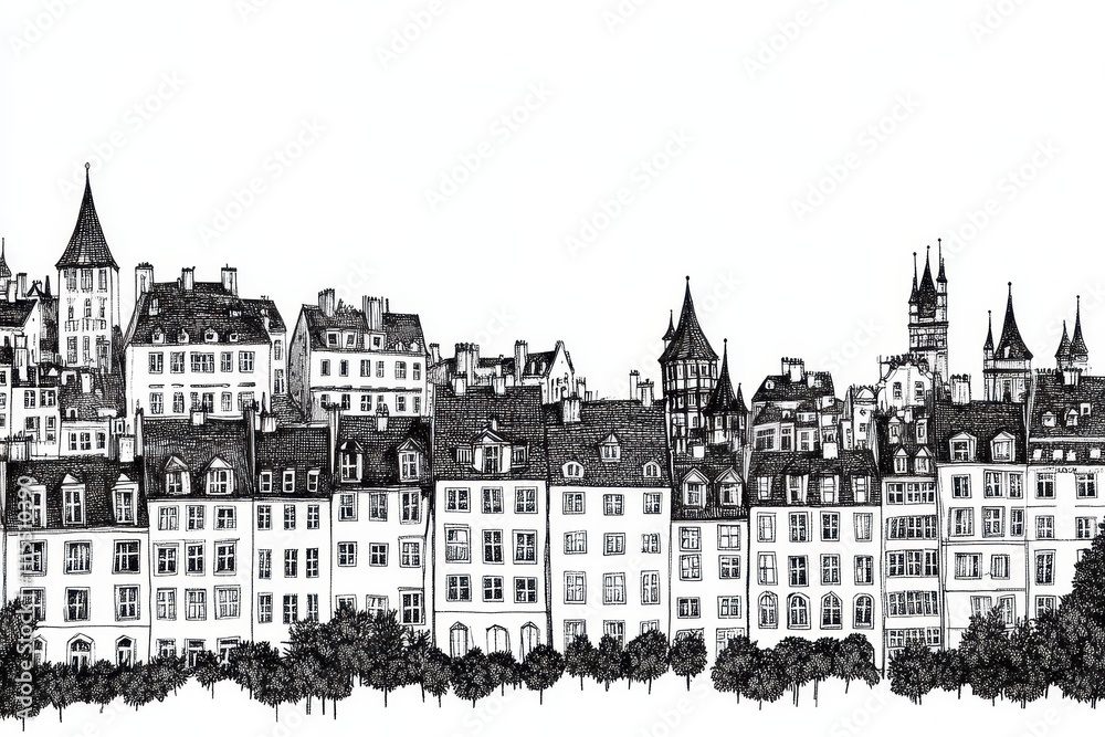 Obraz premium Detailed Urban Landscape in Black and White Line Art