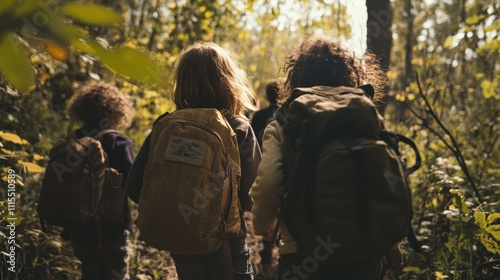 Group of children exploring a forest, backpacks and eager expressions, symbolizing curiosity, learning, and connection to nature