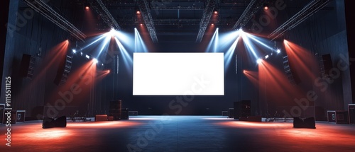 Luxury indoor stage for events, white digital screen for visuals, speaker system, background AI generated image