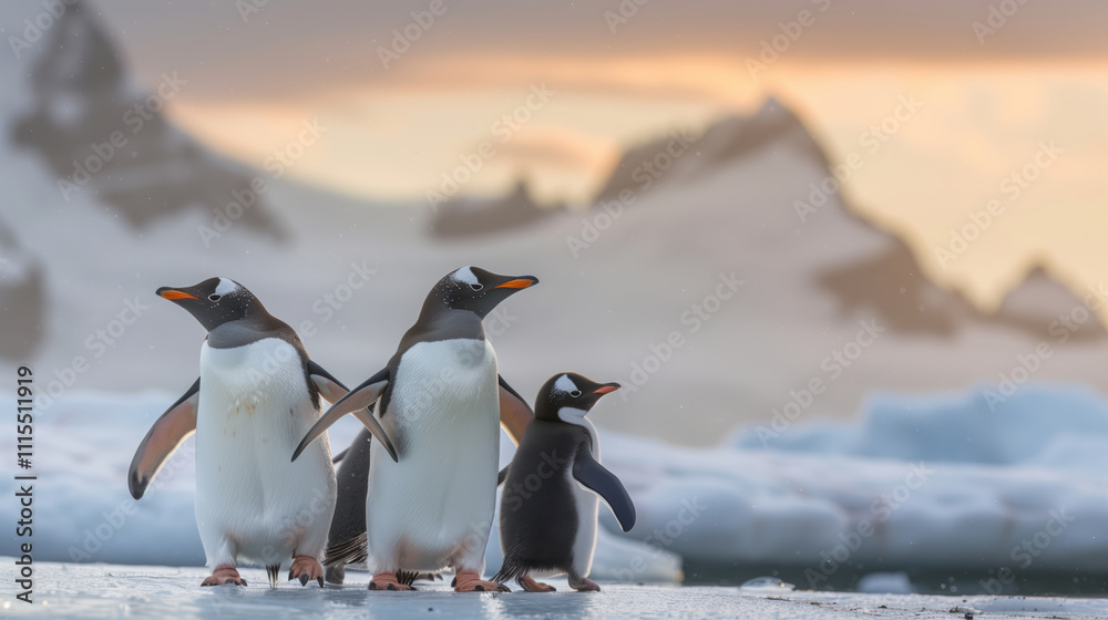 Fototapeta premium Tranquil Family of Penguins on Icy Landscape A Serene Morning in the Antarctic