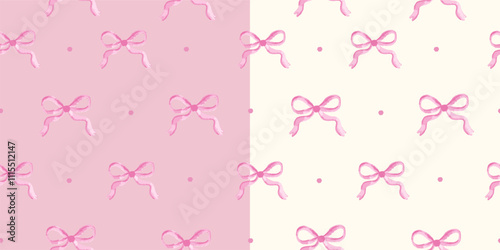 Set of Vector seamless pattern featuring charming fuchsia bows with a loose style on a pink vertical stripes background. Girly pattern perfect for bedroom decoration, prints with coquette style.