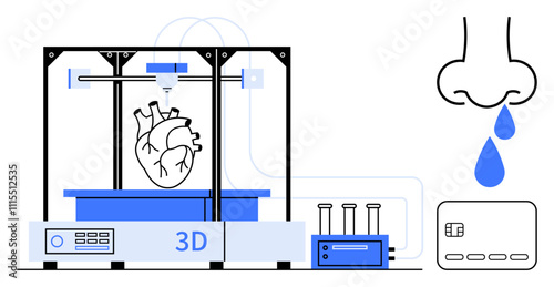 3D printer fabricating a heart model, laboratory devices, nose with water drop, and data card. Ideal for medical technology, healthcare innovation, bioengineering, 3D printing, biotechnology science