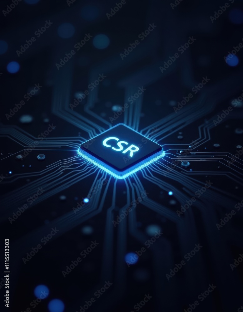 Fototapeta premium CSR concept, illustrated with a glowing chip on a circuit board.
