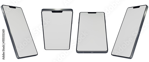 Set of Smartphone mockup 3D rendering blank white screen isolated on transparent background. View from the top by 25 and 45 degrees rotation on the Y and 45 degrees on the X-axis.