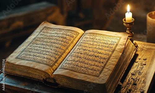 Ancient Quran illuminated by candlelight