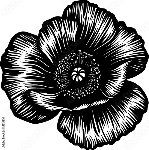 Detailed Black and White Poppy Flower Illustration