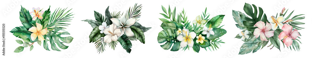 Fototapeta premium Beautiful Collection of Tropical Floral Arrangements Isolated Transparent Background PNG Image