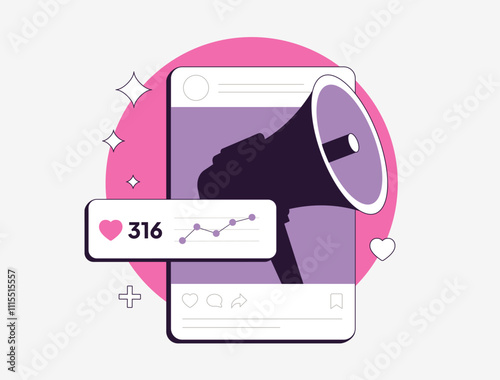 Social media engagement posts concept. Increase post engagement rates with infographics, video content stories, contests and giveaways. Flat vector isolated outline illustration.