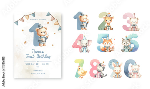Birthday party invitation card template with cute watercolor little animals cartoon character and birthday anniversary numbers.