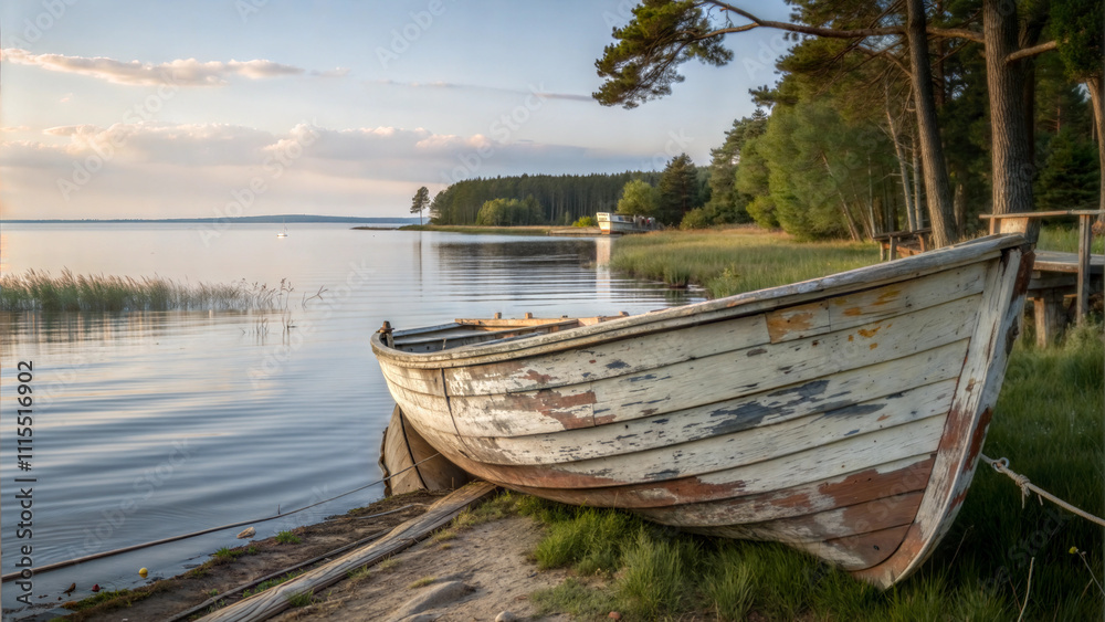 Obraz premium Vintage rowboat on quiet lakeshore with grassy surroundings at sunset, timeless countryside charm