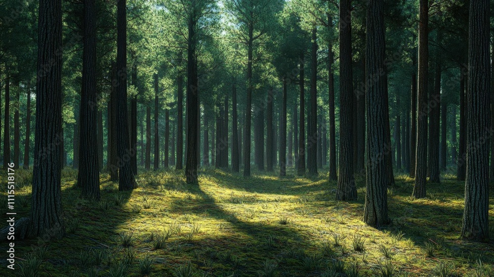 Obraz premium A serene forest scene with tall trees and soft light filtering through.