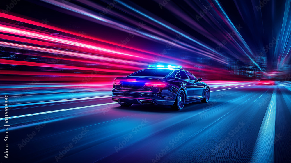 Dynamic police car speeding through a futuristic cityscape illuminated by neon lights and data visualizations Dynamic police car speeding through a futuristic cityscape illuminated by neon lights and data visualizations
