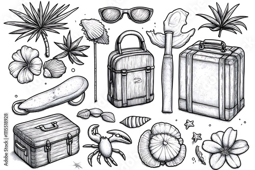 A collection of items that are related to travel and leisure. The items include a camera, sunglasses, a backpack, a handbag, a hat, a book, a cup, a bottle, a suitcase, and a palm tree
 photo