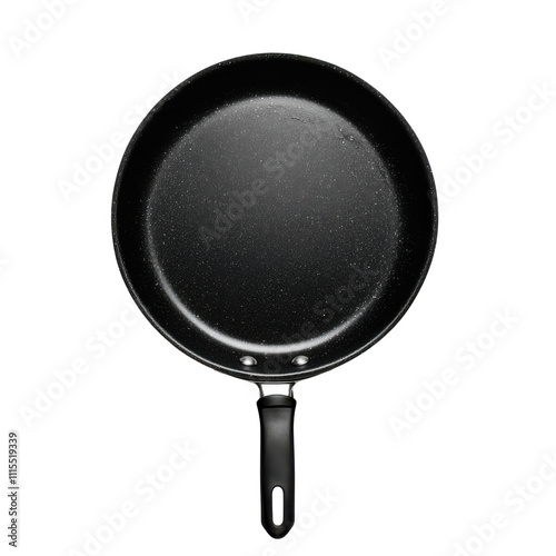 A black pan with a handle is shown on a white background