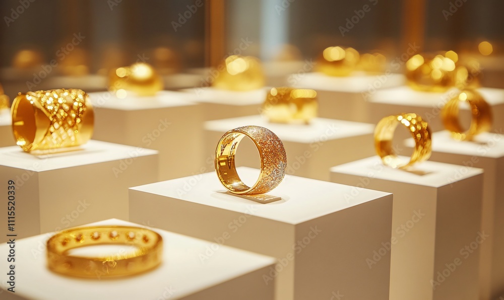 Fototapeta premium Elegant gold jewelry displayed in a luxurious jewelry store, featuring gold bangles and fine accessories in a premium setting.