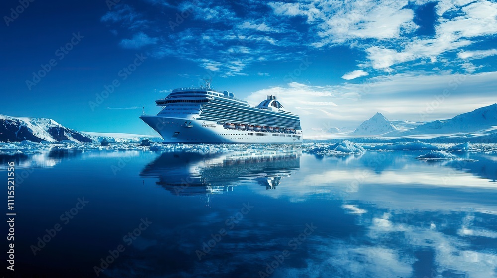Fototapeta premium Cruise ship approaches snowy landscape scenic viewpoint travel photography arctic environment tranquil atmosphere