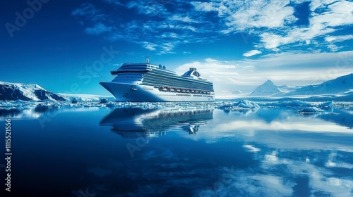 Cruise ship approaches snowy landscape scenic viewpoint travel photography arctic environment tranquil atmosphere
