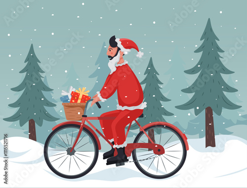 A man dressed as Santa Claus with gifts rides a bicycle through a snowy forest. Eco-friendly new year, reducing carbon footprint. Christmas vector illustration for cards, posters and merch.