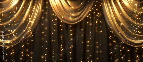 Realistic 3D render of a gold curtain with lights, set against a black background, award ceremony theme, captured in ultra high definition. photo