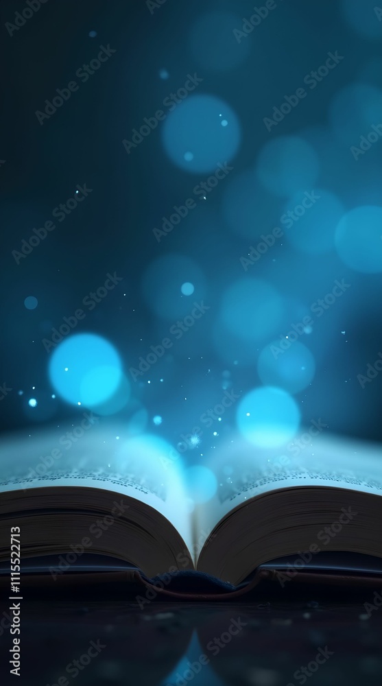 An open book with blurred blue bokeh lights in the background, evoking a sense of knowledge, imagination and wonder in a soft, dreamy atmosphere. An open book with blurred blue bokeh lights in the background, evoking a sense of knowledge, imagination and wonder in a soft, dreamy atmosphere.