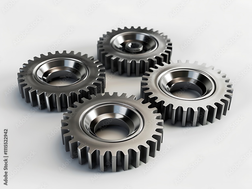 Four metallic gears arranged closely, showcasing their teeth and circular structure, emphasizing mechanical design and engineering. Four metallic gears arranged closely, showcasing their teeth and circular structure, emphasizing mechanical design and engineering.