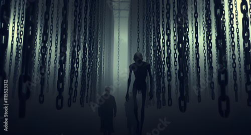 Grotesque Figure in Surreal Maze of Suspended Chains and Otherworldly Glow