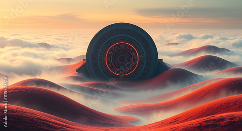 Surreal Neo-Futuristic Landscape with Glowing Portal and Misty Hills