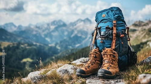 Hiking Boots and Backpack on Mountain Peak with Stunning Views