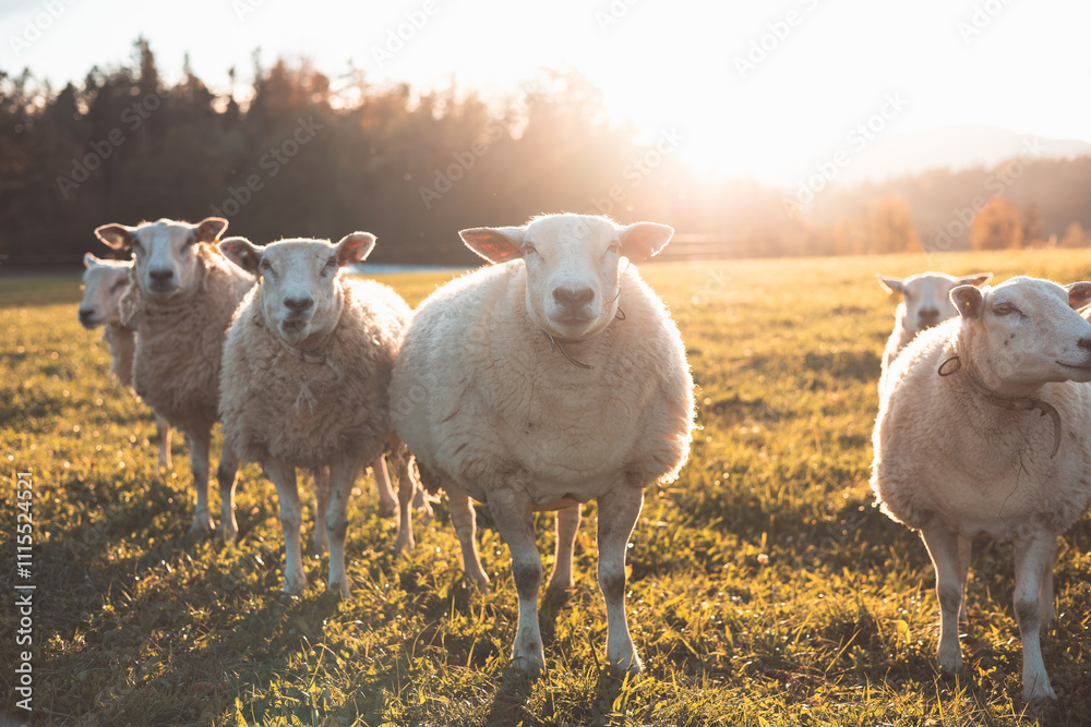 Fototapeta premium Three sheep stand together in a peaceful meadow during golden hour, surrounded by warm sunlight and a backdrop of trees and distant hills, showcasing rural charm