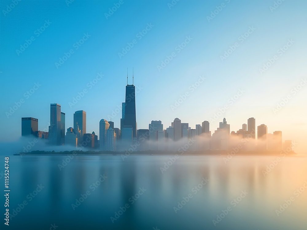 Obraz premium City skyline reflects on misty water