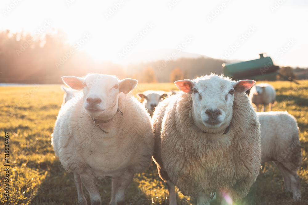 Obraz premium Sheeps stand closely together in a sunlit field during golden hour, exuding warmth and tranquility in a picturesque rural setting with soft autumn light
