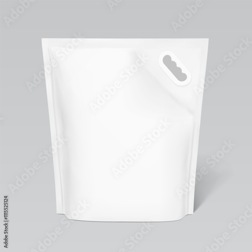 Standing pouch bag with handle mockup for cat litter, laundry detergent. Front view. Vector illustration isolated on grey background. Ready for use in presentation, promo. EPS10.