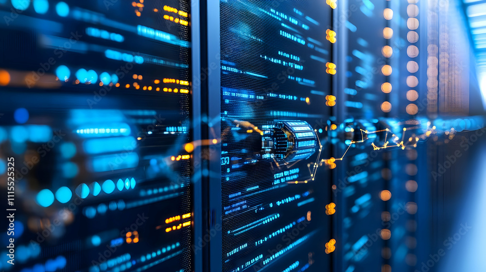 Naklejka premium Abstract 3D Data Center Illustration: Server Racks and Network Connections