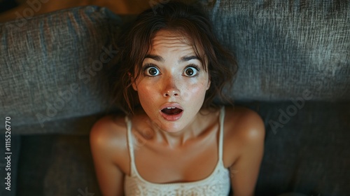 Close-up of a young woman indoors with a surprised and frightened expression, capturing emotions of shock and fear in a modern setting.
