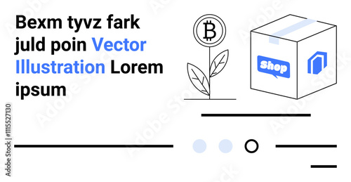 Bitcoin plant, delivery box with shop label, sample text blocks, buttons, and sliders. Ideal for e-commerce, cryptocurrency, digital finance, online shopping, technology, data analysis, landing page