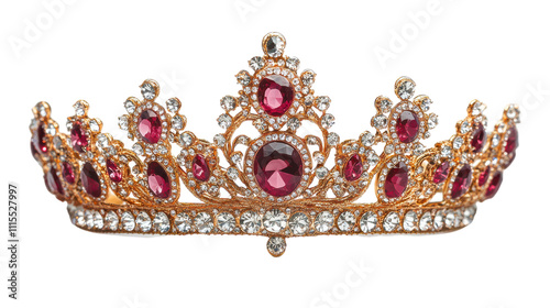 This stunning crown showcases intricate designs with radiant red jewels and dazzling crystals, perfect for a royal occasion or costume. Its elegance shines, reflecting light beautifully
