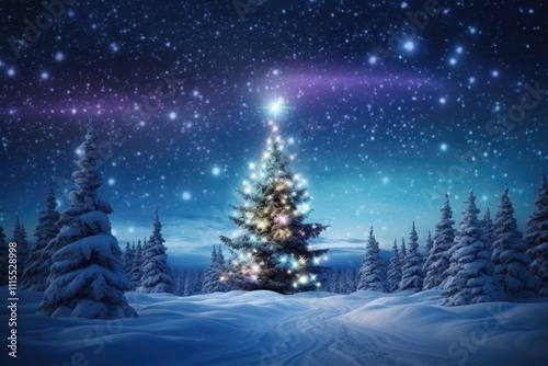 Christmas tree on snow in night with shiny star and forest against the backdrop of the northern lights